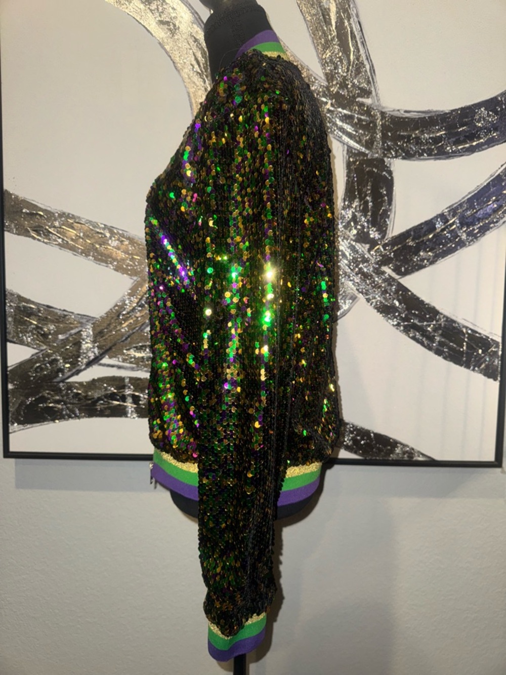 Purple, Green, and Gold Sequin Bomber Jacket - Picture 4 of 7